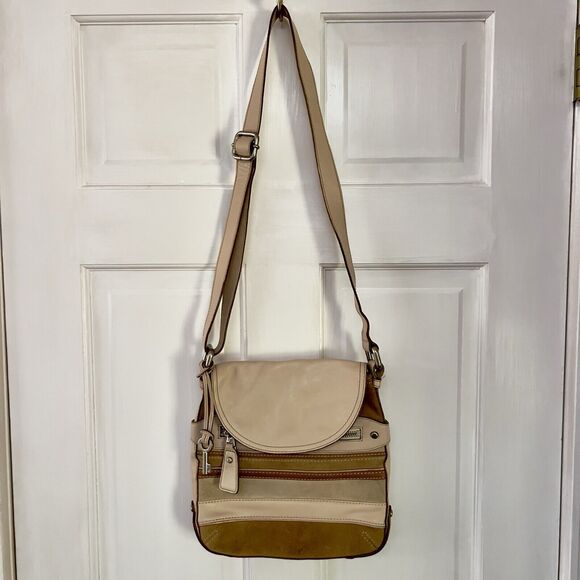 Vtg Fossil Crossbody Purse Suede Leather Stripe Brown Multi‎ Tone Hang Key - Picture 3 of 12